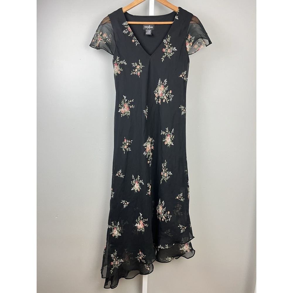 VTG Positive Attitude Dress Womens 10 Asymmetrical Black Floral Fairycore‎ Y2K